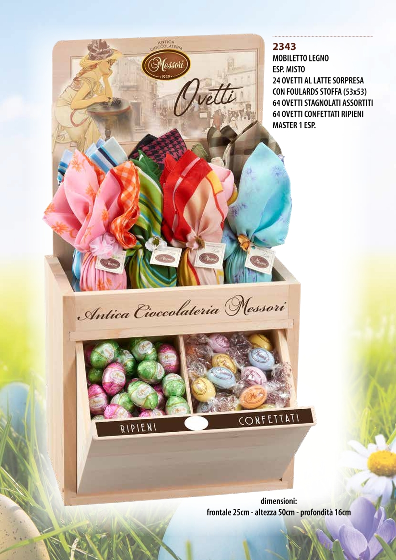 Mobiletto legno espositore misto 24 ovetti a latte sorpresa con foulards in stoffa MESSORI